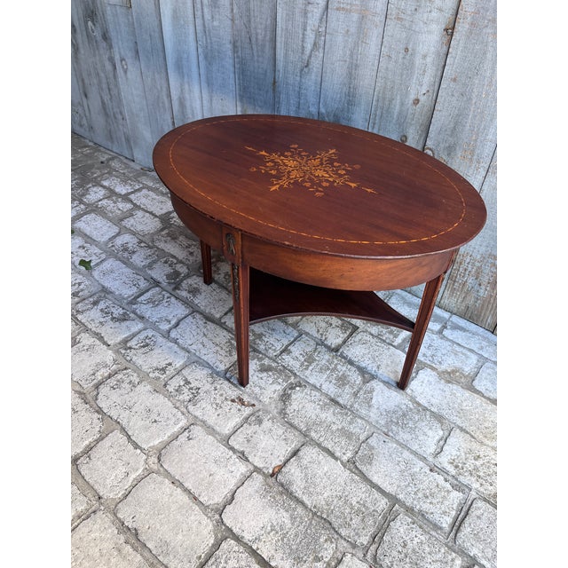 Chestnut Antique Sheraton/Hepplewhite-Style Oval Inlaid Marquetry Mahogany Coffee Table For Sale - Image 8 of 13