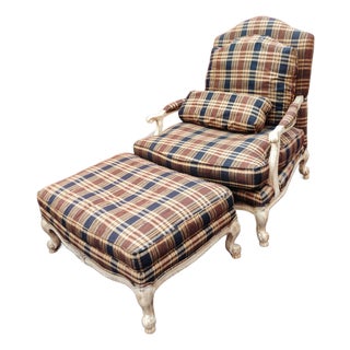 Experience Timeless Comfort With the Highland House French Country Bergère Chair and Ottoman Set. 1970s For Sale