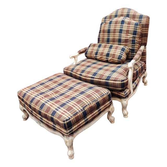 Experience Timeless Comfort With the Highland House French Country Bergère Chair and Ottoman Set. 1970s For Sale