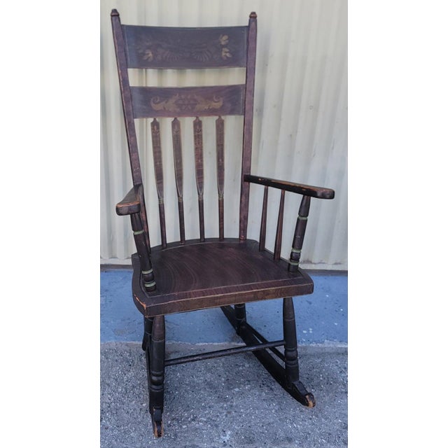 19thc Rocking chair w/ original painted surface & stenciling. This high back arrow back Windsor rocking chair is from New...