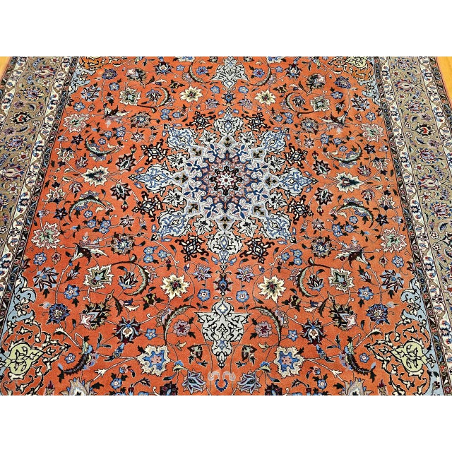 Persimmon Persian Tabriz Rug, Hand-Knotted Wool & Silk, Fine Floral Pattern, Terracotta & Blue, 7x10 For Sale - Image 8 of 14