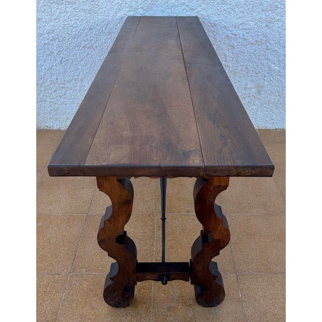 Spanish Console Table with Two Carved Drawers and Iron Stretcher, 1890s For Sale - Image 11 of 15