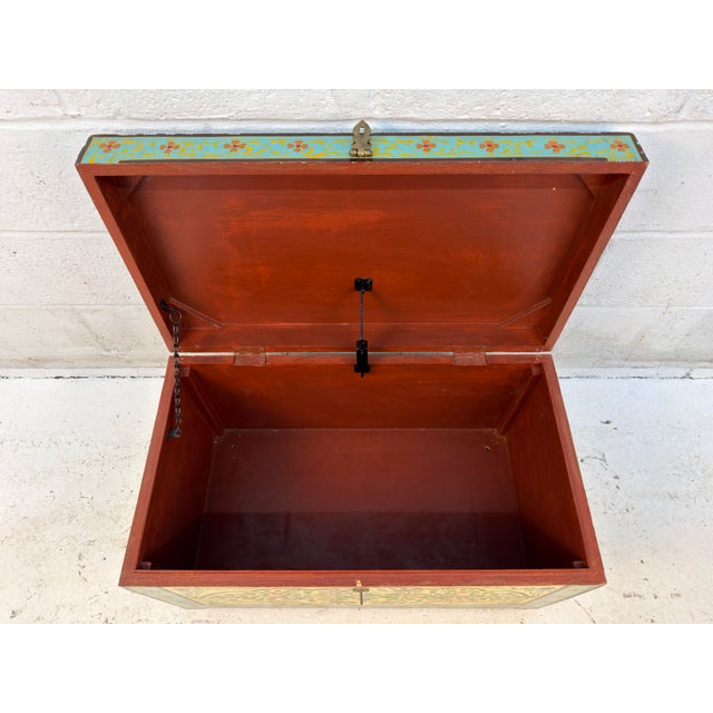 Vintage Hand-Painted Wooden Floral Folk Art Storage Trunk For Sale - Image 9 of 13