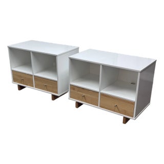 Contemporary White With Natural Wood Drawer Cubbies, Pair For Sale