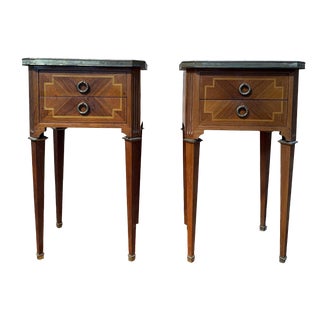 Louis XVI Bedside Tables in Marquetry and Marble by Maison Gouffé, 1950s, Set of 2 For Sale