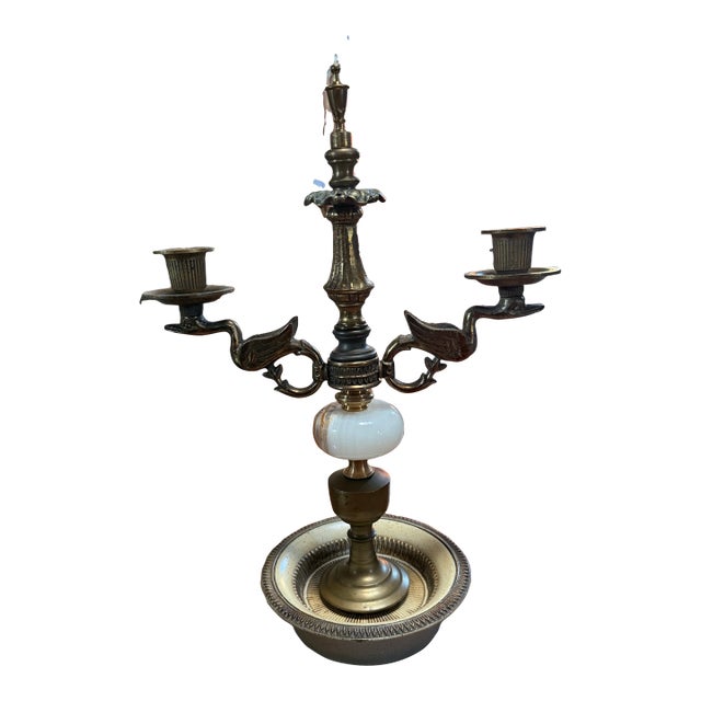 Antique French Empire Brass & Marble Candle Candelabra 16in For Sale