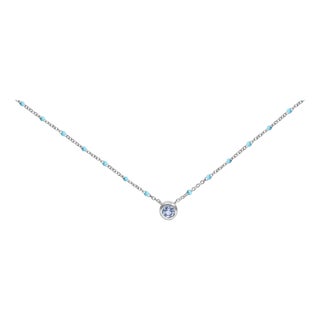 Sterling Silver Bezel Set Light Blue Aquamarine and Enamel Bead Chain Necklace For Sale