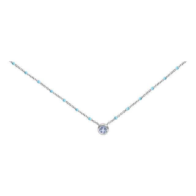 Sterling Silver Bezel Set Light Blue Aquamarine and Enamel Bead Chain Necklace For Sale