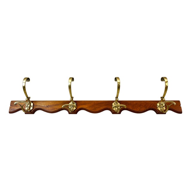 Antique Coat Hooks in Brass and Wood, 1900 For Sale