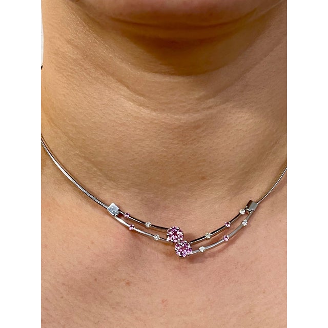 14 Karat White Gold Omega Necklace with Pink Sapphire and Diamonds, Italy For Sale - Image 12 of 18