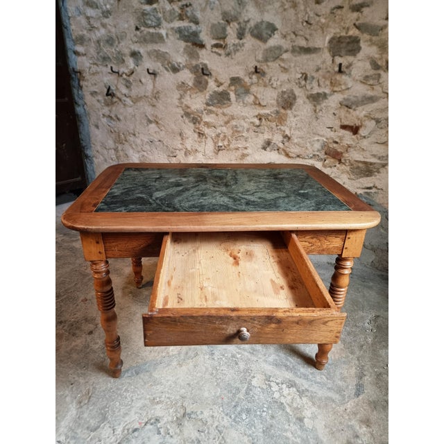 French Oak and Walnut Dining Table with Marble Top For Sale - Image 6 of 18
