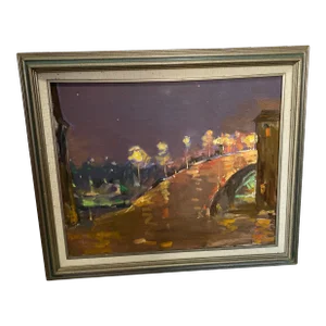 1990s Abstract Cityscape Oil Painting, Framed