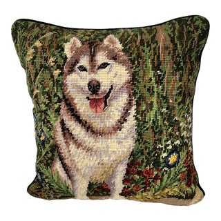 Handmade Needlepoint Husky Dog Pillow For Sale