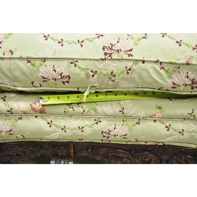 Antique Italian Renaissance Carved Walnut French Victorian Rams Head Green Sofa For Sale - Image 16 of 18