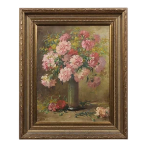 French 19th Century Framed Oil on Canvas Still-Life Painting with Pink Bouquet