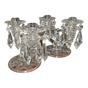 Vintage Indiana Glass 2 Light Crystal Candleholders With Bobeches Prisms 1939-45