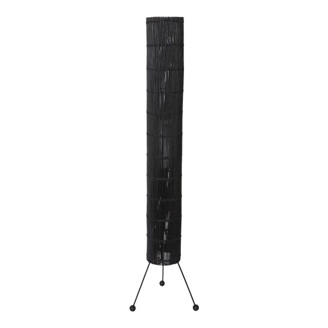 Tony Paul Style California Modern Black Wicker Cylinder Floor Lamp, 1950s For Sale