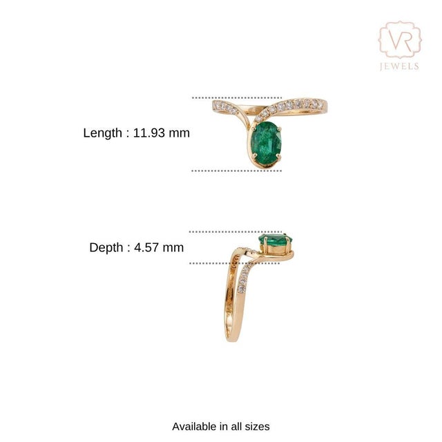 Handmade 14k Yellow Gold Natural Oval Emerald Diamond Bypass Ring Size 7 For Sale - Image 11 of 17