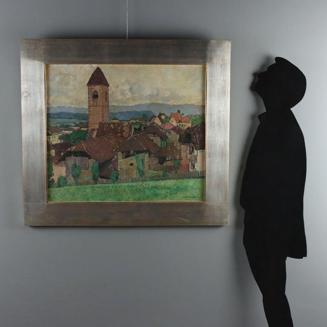 Oil on canvas. Signed and dated lower right. A label indicating the subject is on the back. View of the small hamlet of...