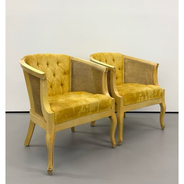 Hollywood Regency Vintage Cane & Tufted Velvet Barrel Chairs - Pair For Sale - Image 3 of 7