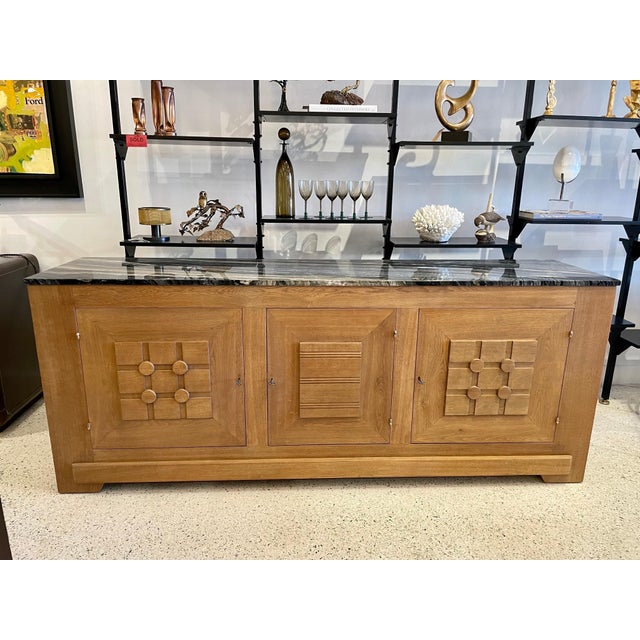 French Oak Buffet W/ Geometric Details and Marble Top For Sale - Image 16 of 18