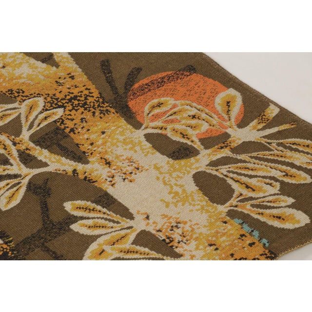 Handwoven in wool circa 1960, this 4x6 vintage modern Aubusson tapestry, titled Cybele, is a prized René Fumeron work....