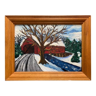 1972 Covered Bridge in Winter Oil Painting For Sale