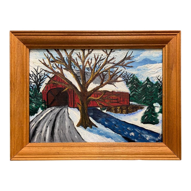 1972 Covered Bridge in Winter Oil Painting For Sale