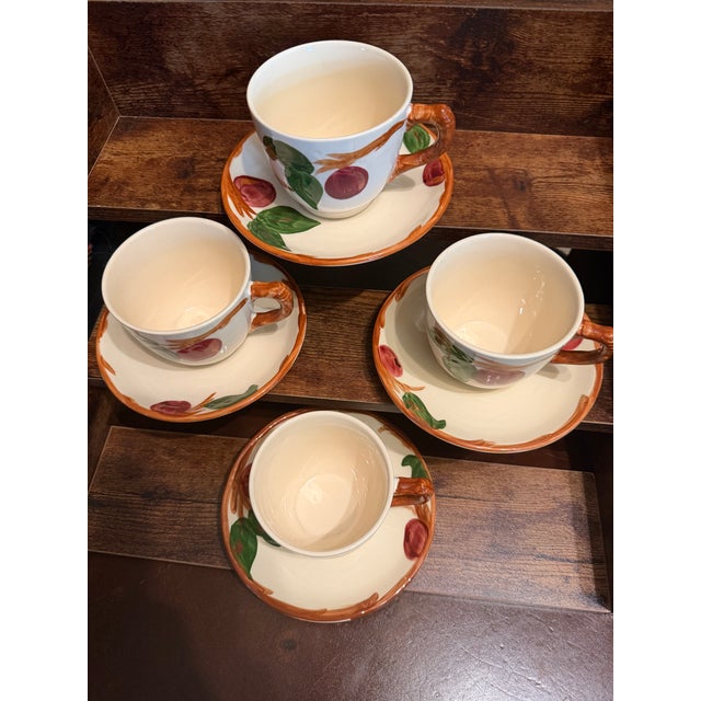 1950s Franciscan Apple Tea Cup & Saucer Set England Backstamp Hand Painted - Set of 4 For Sale - Image 6 of 8