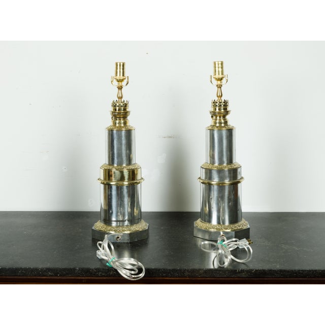 Silver 1920s French Gagneau Paris Steel and Brass Table Lamps with Waterleaves - Pair For Sale - Image 8 of 9