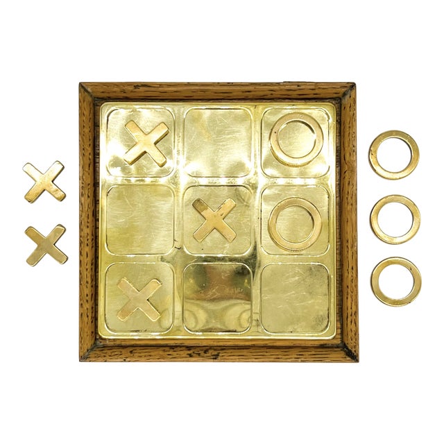 Mid-Century Modern Brass Tic-Tac-Toe Game Set in Wood Box – Hollywood Regency / Desk Accessory For Sale