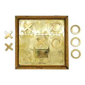 Mid-Century Modern Brass Tic-Tac-Toe Game Set in Wood Box – Hollywood Regency / Desk Accessory