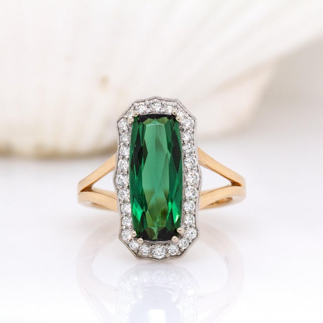 Art Deco 3.3ct Aaa Indicolite Tourmaline Ring W Natural Diamond Halo in 14k Solid Gold For Sale - Image 3 of 7