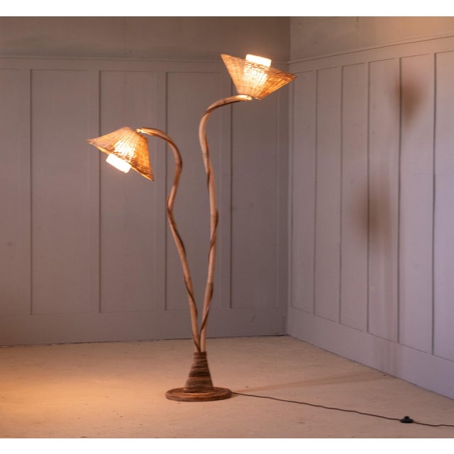 Thalia Double Rattan Floor Lamp With 2 Adjustable Woven Floral Conical Shades For Sale - Image 10 of 14