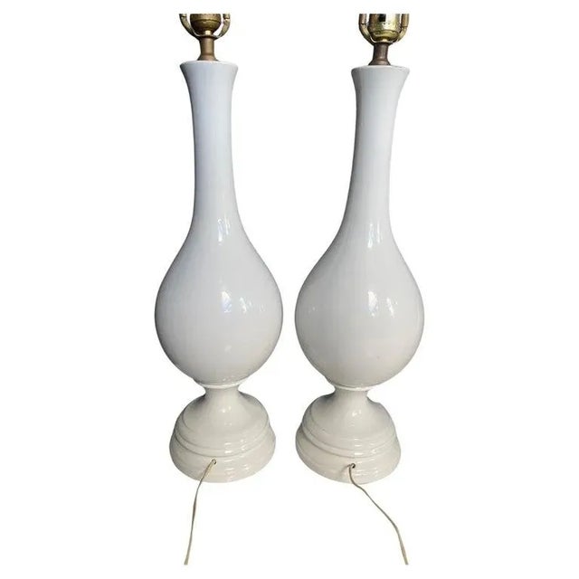 Mid-Century Modern Mid Century Modern Tall White Glazed Ceramic Table Lamps, Pair For Sale - Image 3 of 7