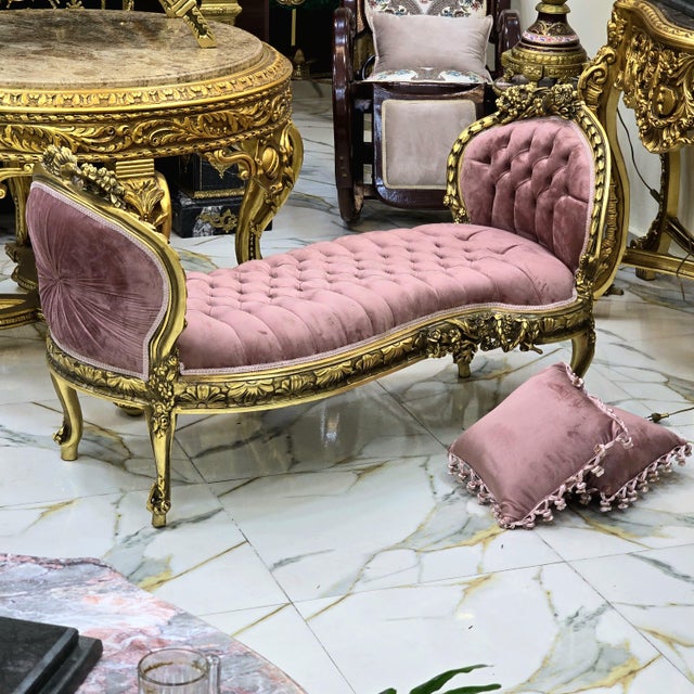 French Style Pink Velvet Bench With Gold Details For Sale - Image 4 of 5