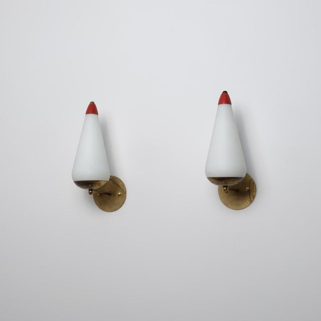 1950s Large Italian Wall Sconces in Brass, Red Metal and Opaline Glass, 1950s, Set of 2 For Sale - Image 5 of 15