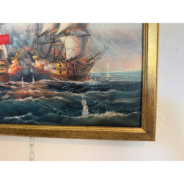 Blue Vintage Oil Painting Naval Battle Ships Seascape Maritime Art Framed Framed For Sale - Image 8 of 9