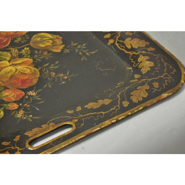 Antique French Country Tole Metal Hand Painted Floral Large Serving Platter Tray For Sale - Image 12 of 15