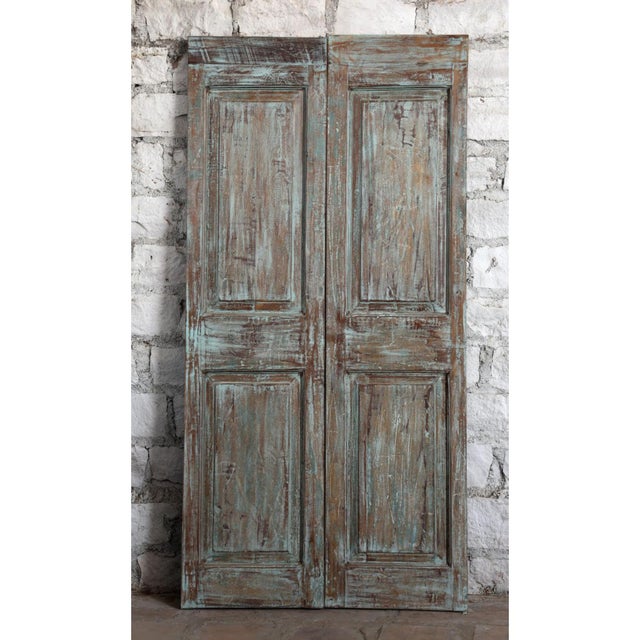 Antique Artisan Carved Double Door – Distressed Blue Floral Barn Door 80x40 For Sale - Image 4 of 5
