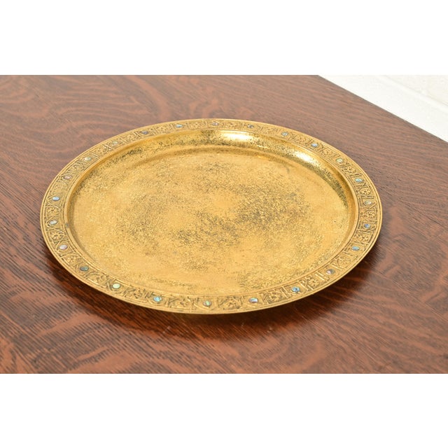 Early 20th Century Tiffany Studios New York Bronze Doré Large Tray With Abalone Inlay For Sale - Image 5 of 11