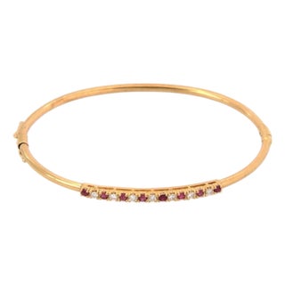 Mid 20th Century Ruby & Diamond 14k Yellow Gold Bangle Bracelet For Sale