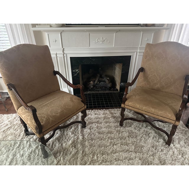 Pair of Sherrill Carved Wood Damask Armchairs With Nailhead Trim Pair of Sherrill Carved Wood Damask Armchairs With Nailhead Trim For Sale In Detroit - Image 6 of 17