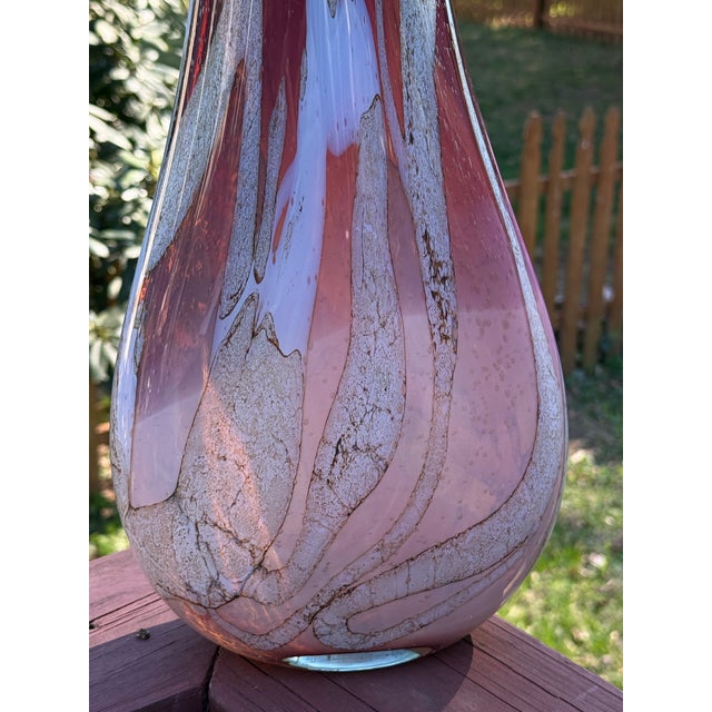 Jozefina Krosno, Poland 17" Vintage Art Glass Vase, Cased Interior W Blue Iridescent For Sale - Image 4 of 7