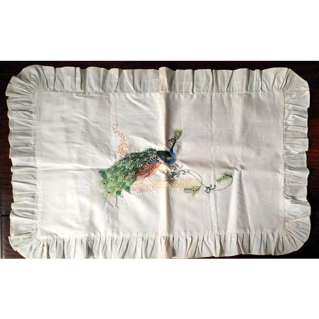 Chinese HandSewn Peacock Accent Linen Lg. Pillow Covers - Pair. For Sale - Image 9 of 10