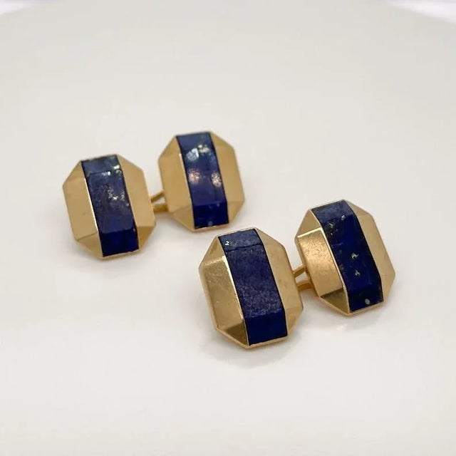 Black Vintage Antique Boucheron Paris French Art Deco 18k Gold & Lapis Lazuli Cufflinks - 2 Pieces For Sale - Image 8 of 10