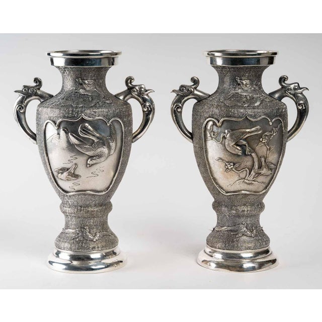 Asian Silvered Metal Vases, Set of 2 For Sale - Image 3 of 14