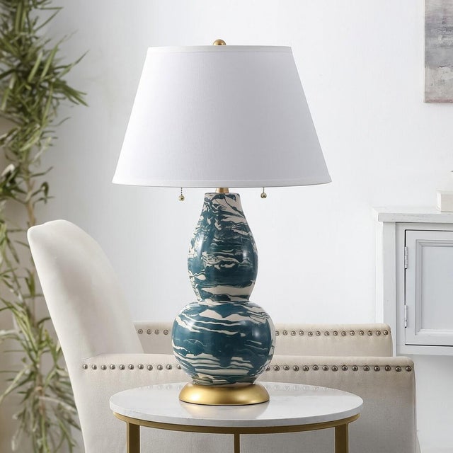 Safavieh Color Swirls Marbled Glass Table Lamp in Blue/White - a Pair For Sale - Image 4 of 6