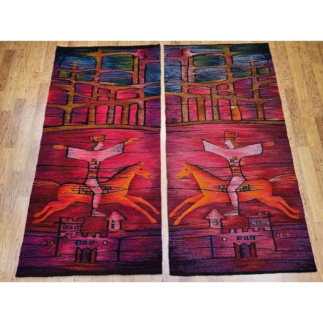 Vintage Mid-Century Tapestry, Handwoven Wool, Folkloric Rider Design, 40" X 86" For Sale In Chicago - Image 6 of 15