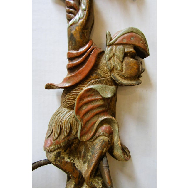 Wood Opposing Pair of Polychrome Hand Carved Wood and Iron Monkey Wall Sconces C 1920 For Sale - Image 7 of 16